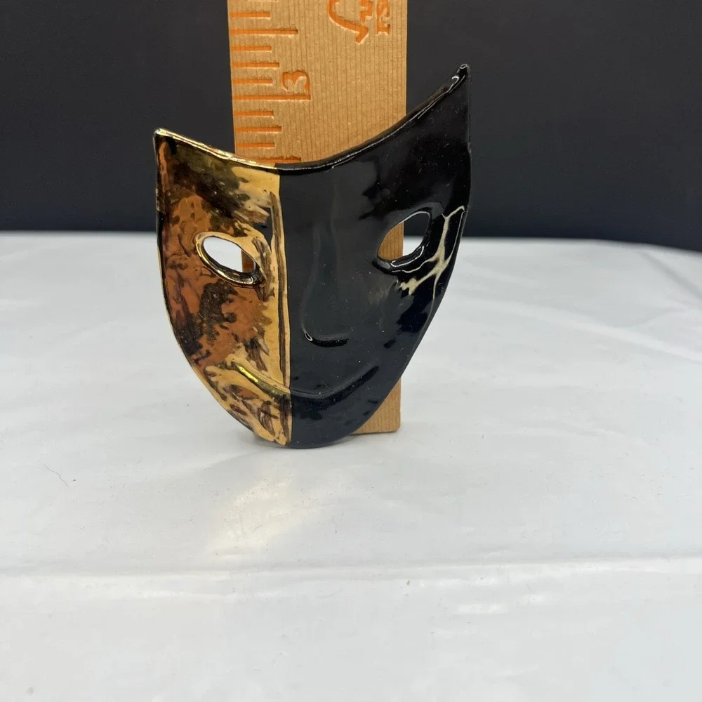Vintage Melange Ceramic Mask Brooch Pin Hand Painted Black Gold Theater Art Wear